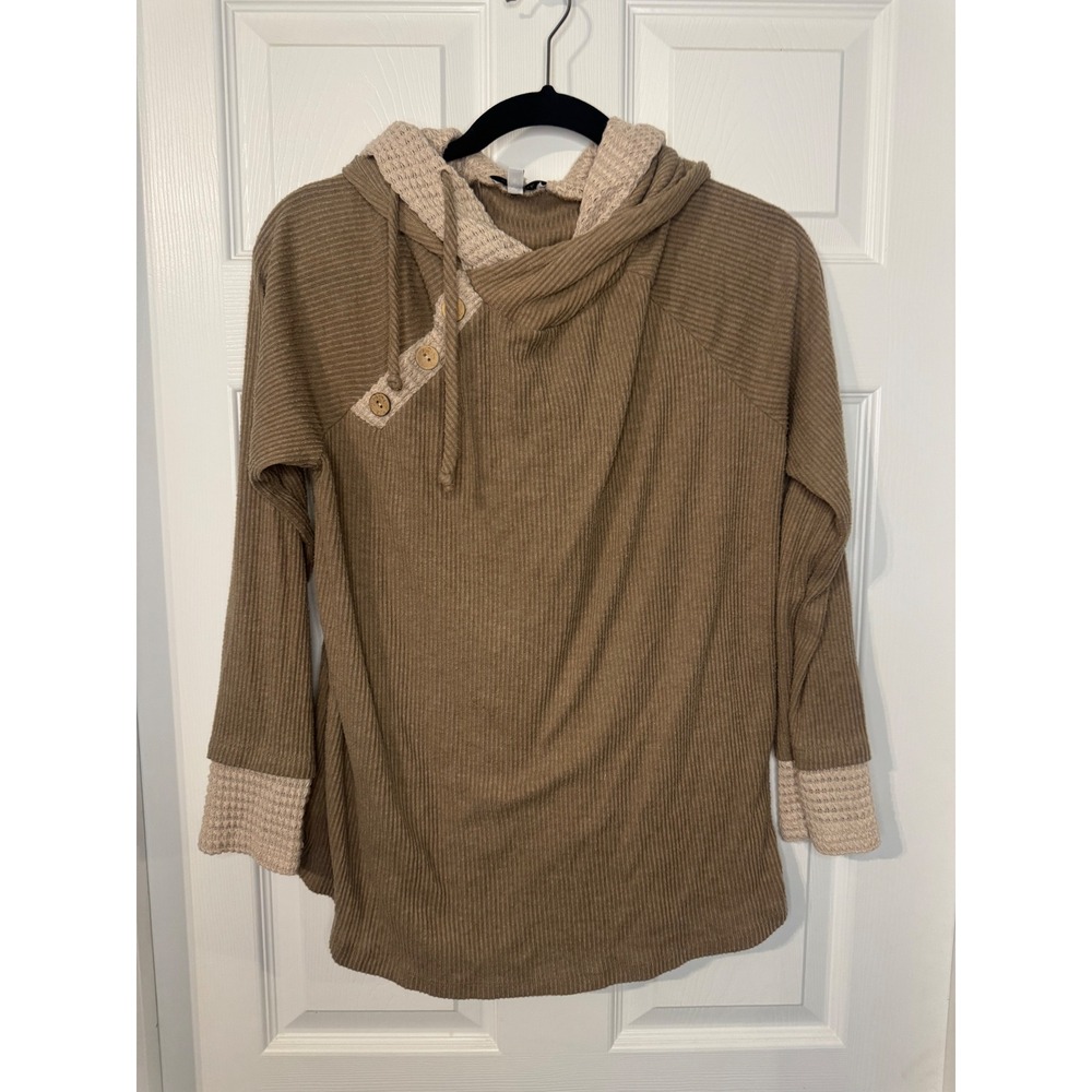 White Birch Women Brown Ribbed Knit Hoodie Waffle Trim Button Neck Pullover S